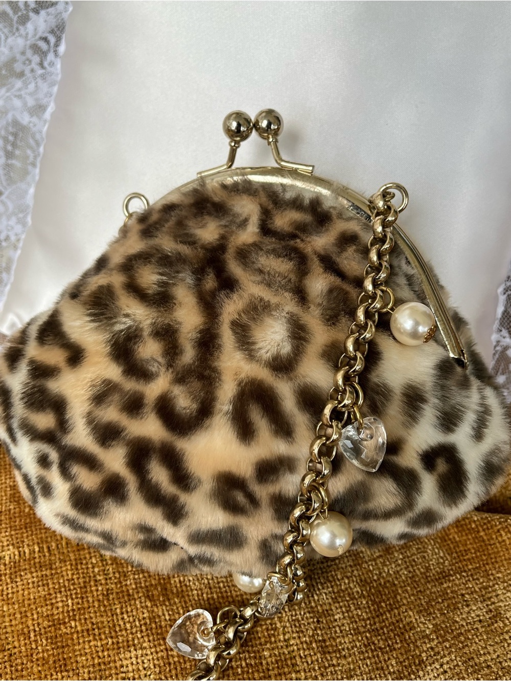 Kathy Van Zeeland Leopard Faux Fur Mini Kiss-Lock Crossbody with Gold Chain, GUC